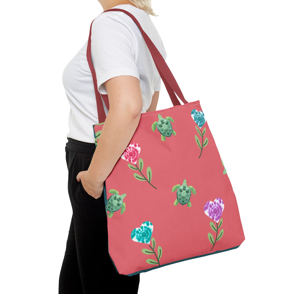 Dual Side Pink and Blue Turtles with Floral Tie Dye Hearts Tote Bag