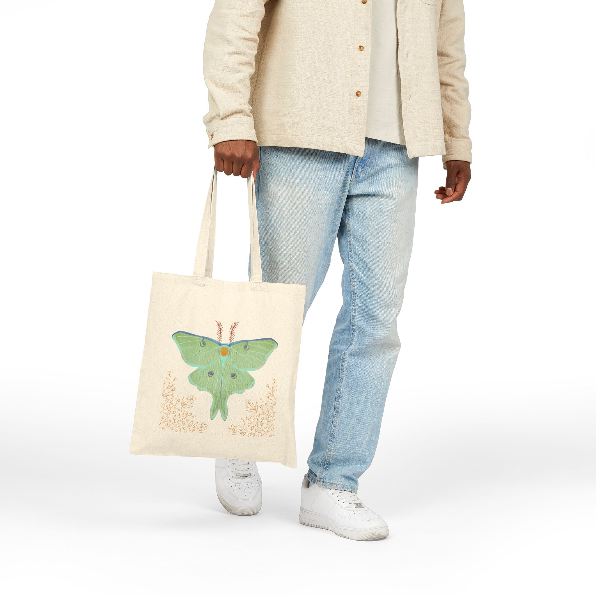 Luna Moth Cotton Canvas Tote Bag — Botanical Green Insect Illustration Tote