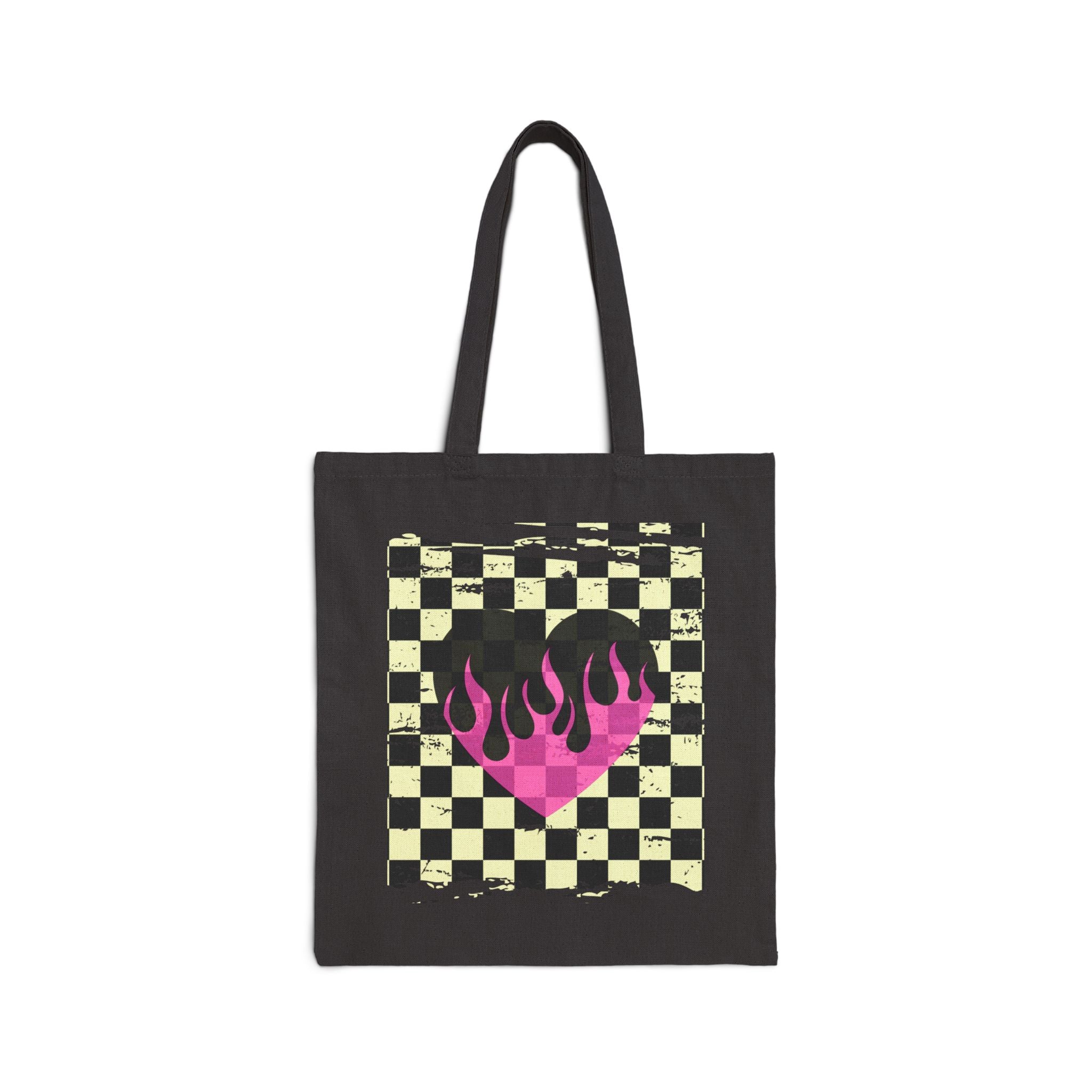 Checkerboard Flame Heart Tote Bag — Retro Pink Grunge Canvas Tote