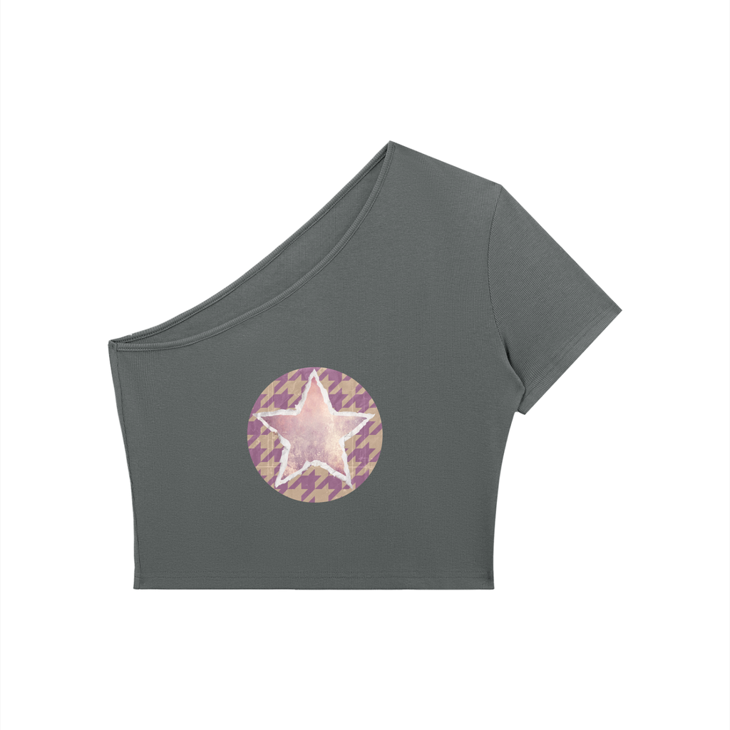Women's Star on Houndstooth One-Shoulder Crop T-Shirt