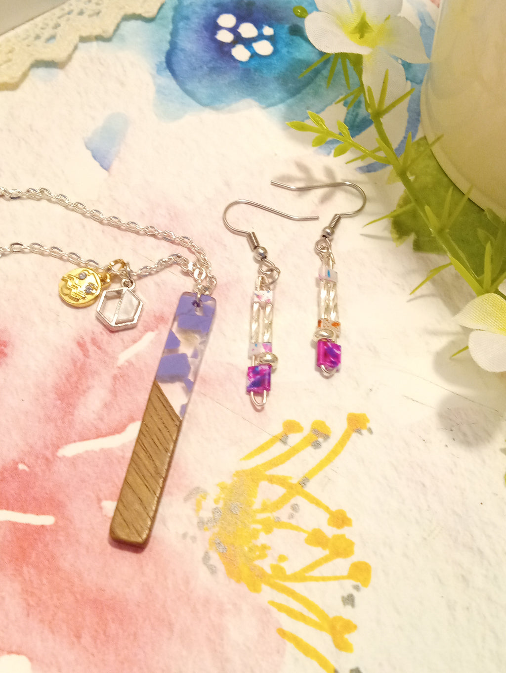 Resin & Walnut Pendant Charm Necklace 19"/Tila and Metallic Beaded Drop Earrings (purple)