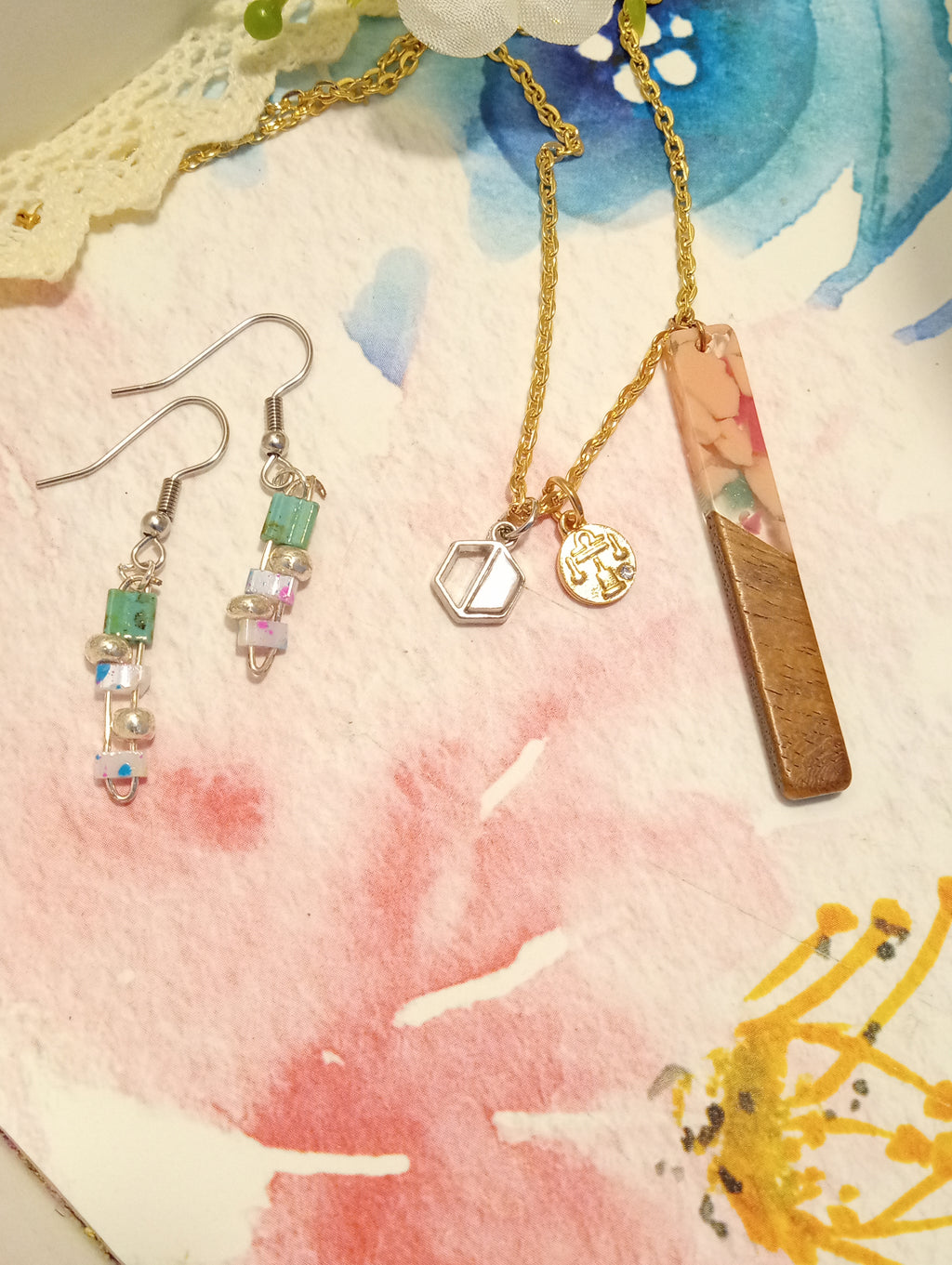 Resin & Walnut Pendant Charm Necklace 19"/Tila and Metallic Beaded Drop Earrings (pink/white/green)