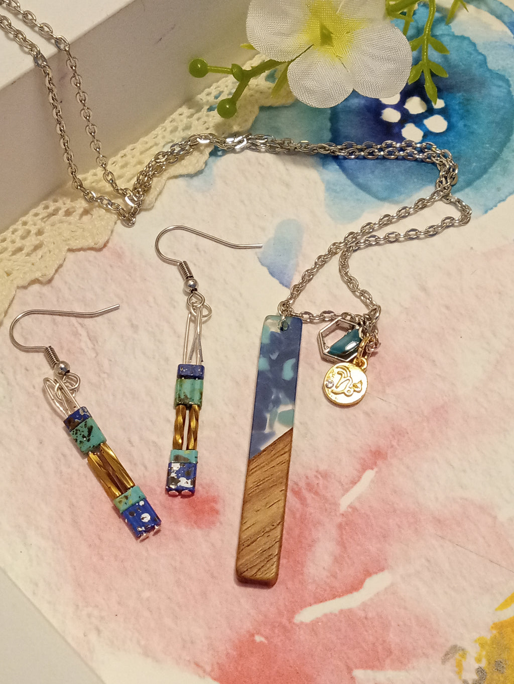 Resin & Walnut Pendant Charm Necklace 19"/Tila and Metallic Beaded Drop Earrings (brown/blue/green)