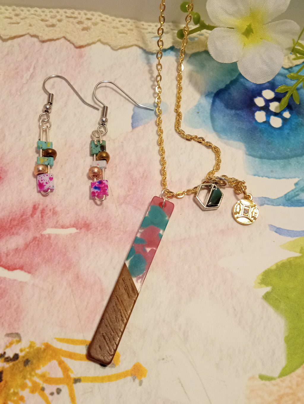 Resin & Walnut Pendant Charm Necklace 19"/Tila and Metallic Beaded Drop Earrings (pink/green)