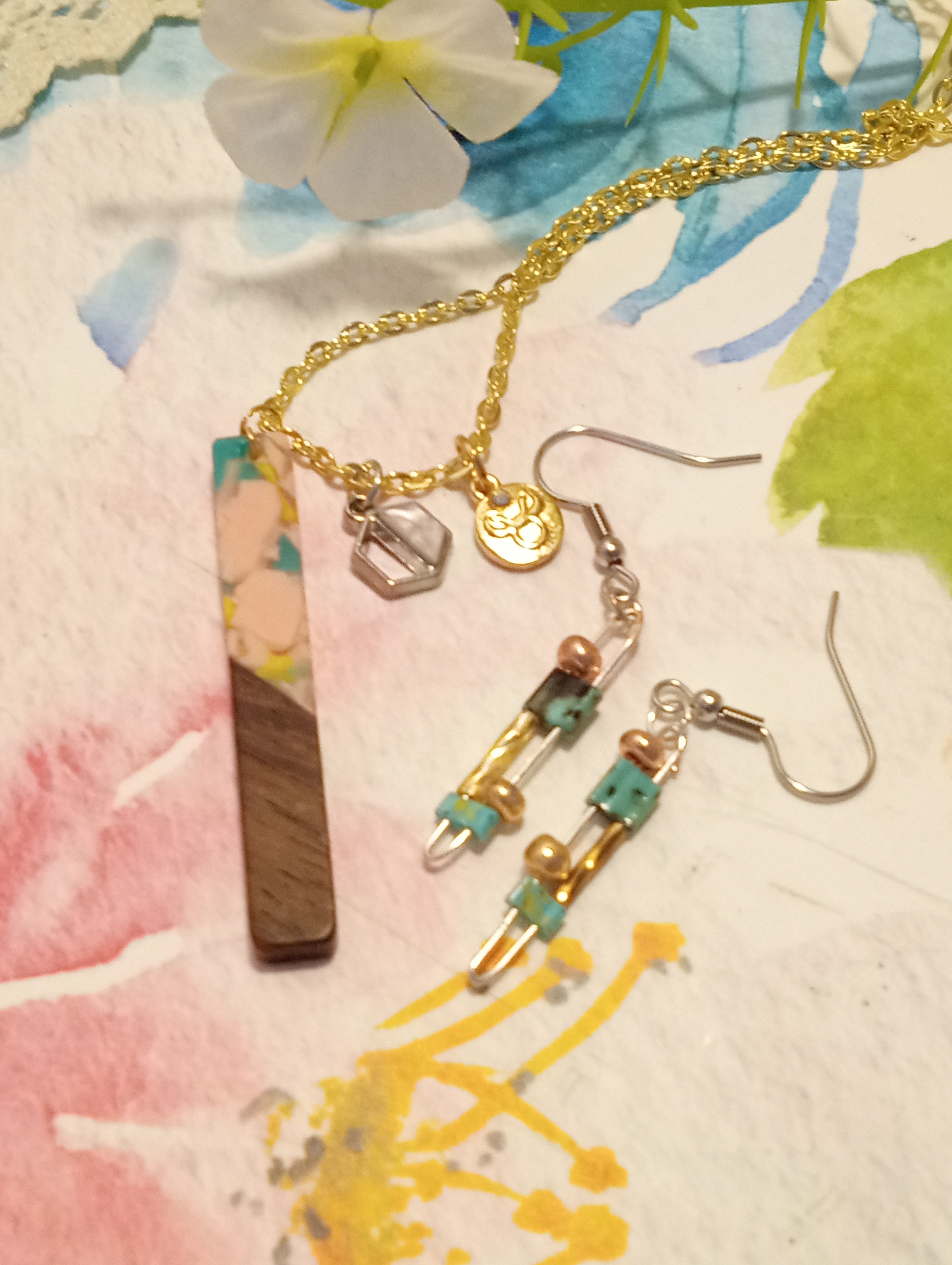 Resin & Walnut Pendant Charm Necklace 19"/Tila and Metallic Beaded Drop Earrings (yellow/pink/green)