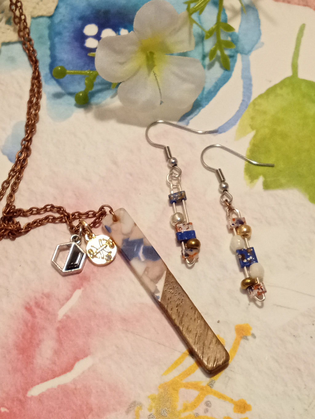 Resin & Walnut Pendant Charm Necklace 19"/Tila and Metallic Beaded Drop Earrings (blue/pink)