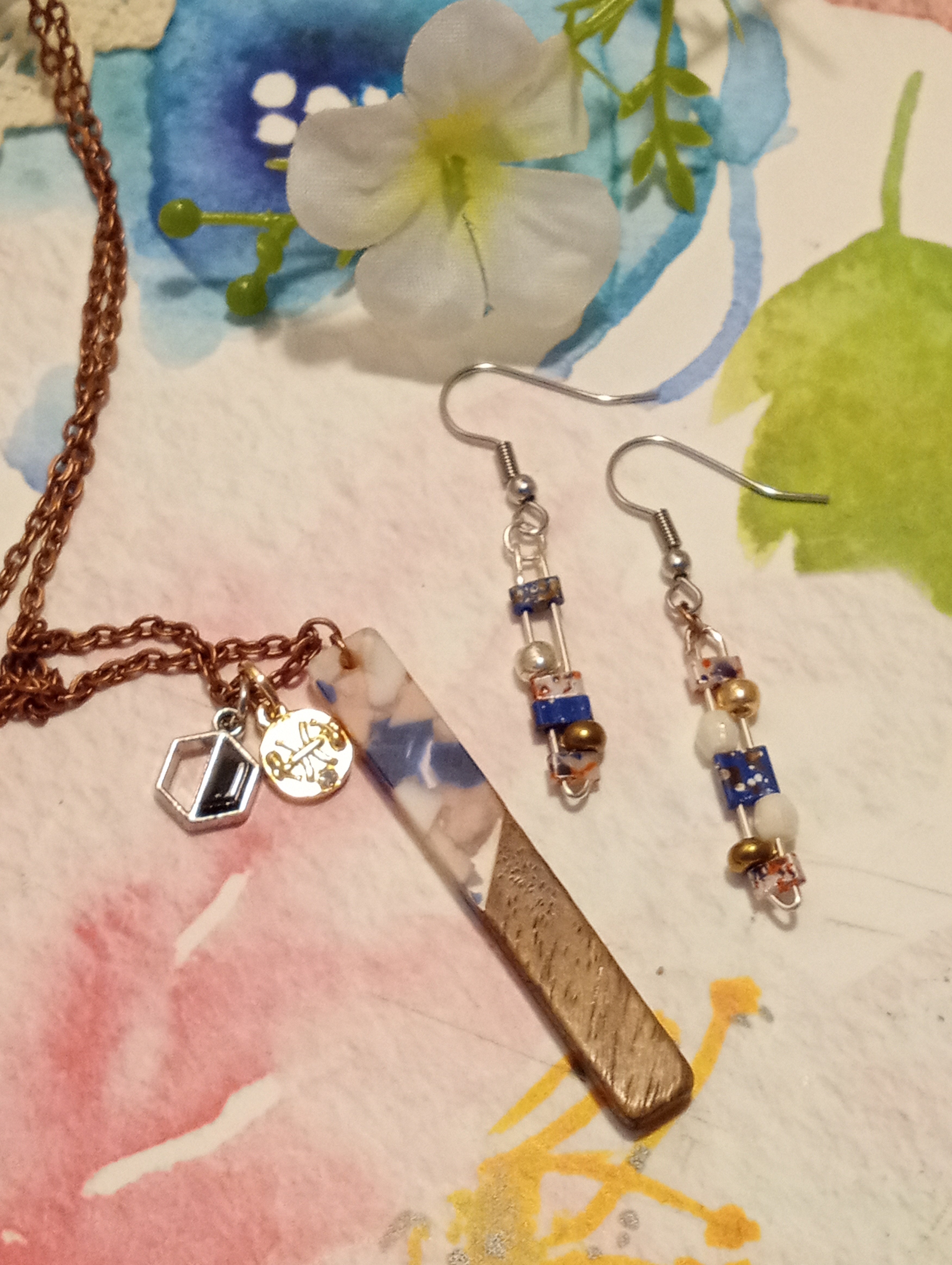 Resin & Walnut Pendant Charm Necklace 19"/Tila and Metallic Beaded Drop Earrings (blue/pink)