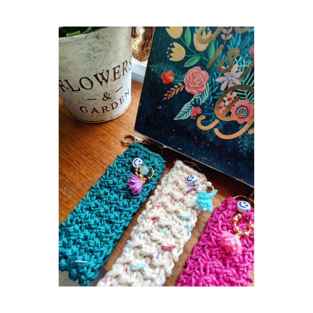 Wristlet Keychain Handmade Crochet with Embelishments Beautifull Summer Inspired Colors