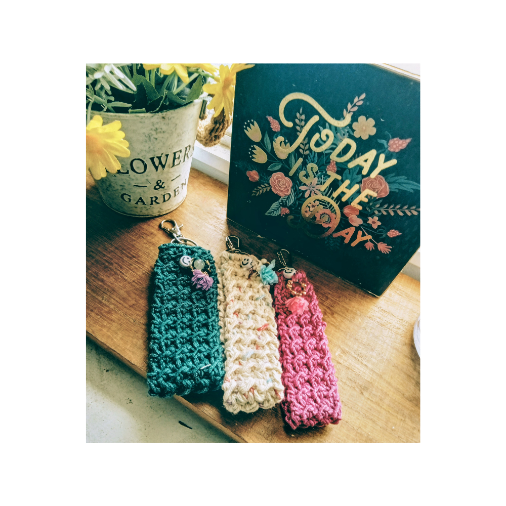 Wristlet Keychain Handmade Crochet with Embelishments Beautifull Summer Inspired Colors