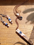Resin & Walnut Pendant Charm Necklace 19"/Tila and Metallic Beaded Drop Earrings (blue/pink)