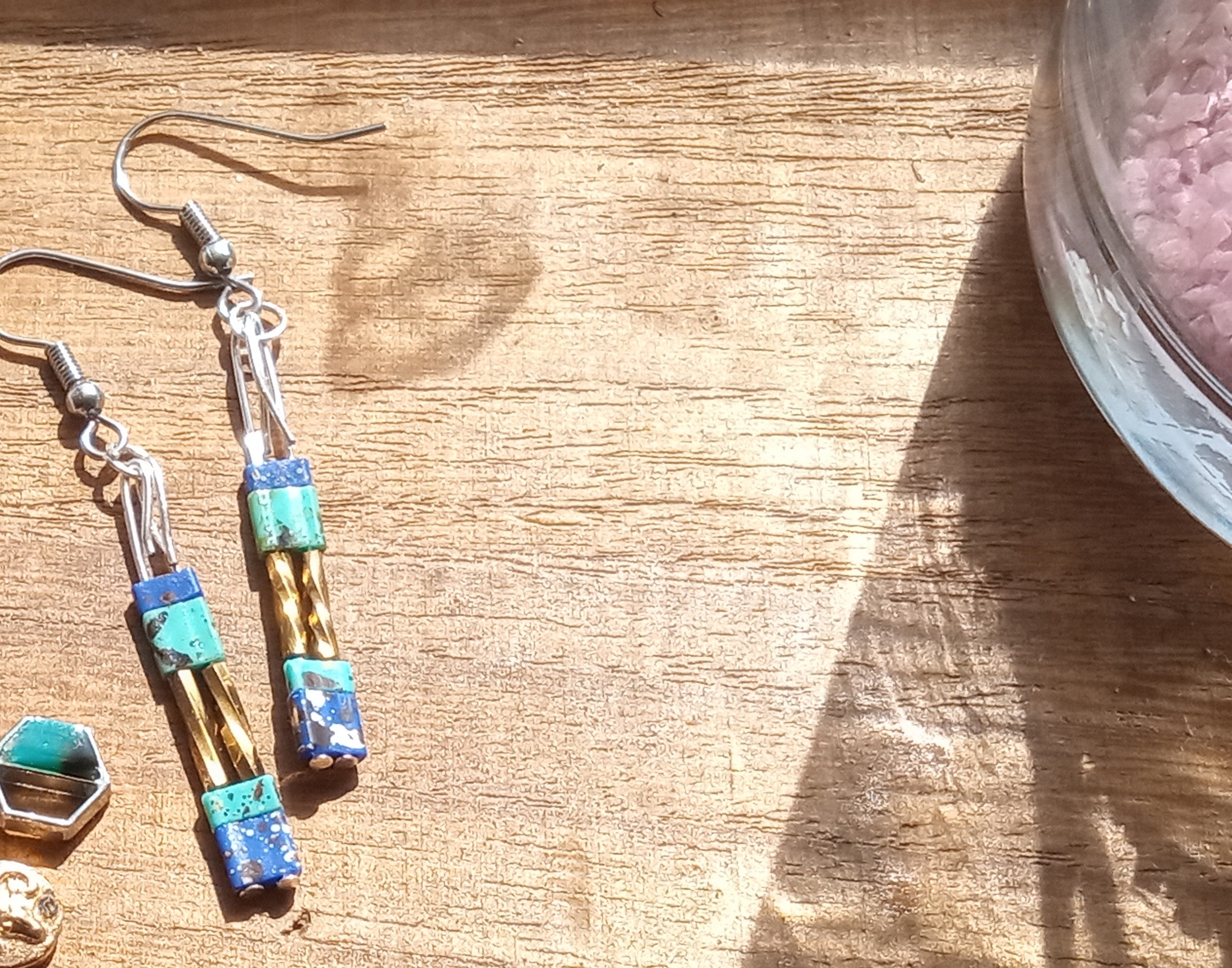 Tila and Metallic Beaded Drop Earrings (brown/blue/green)