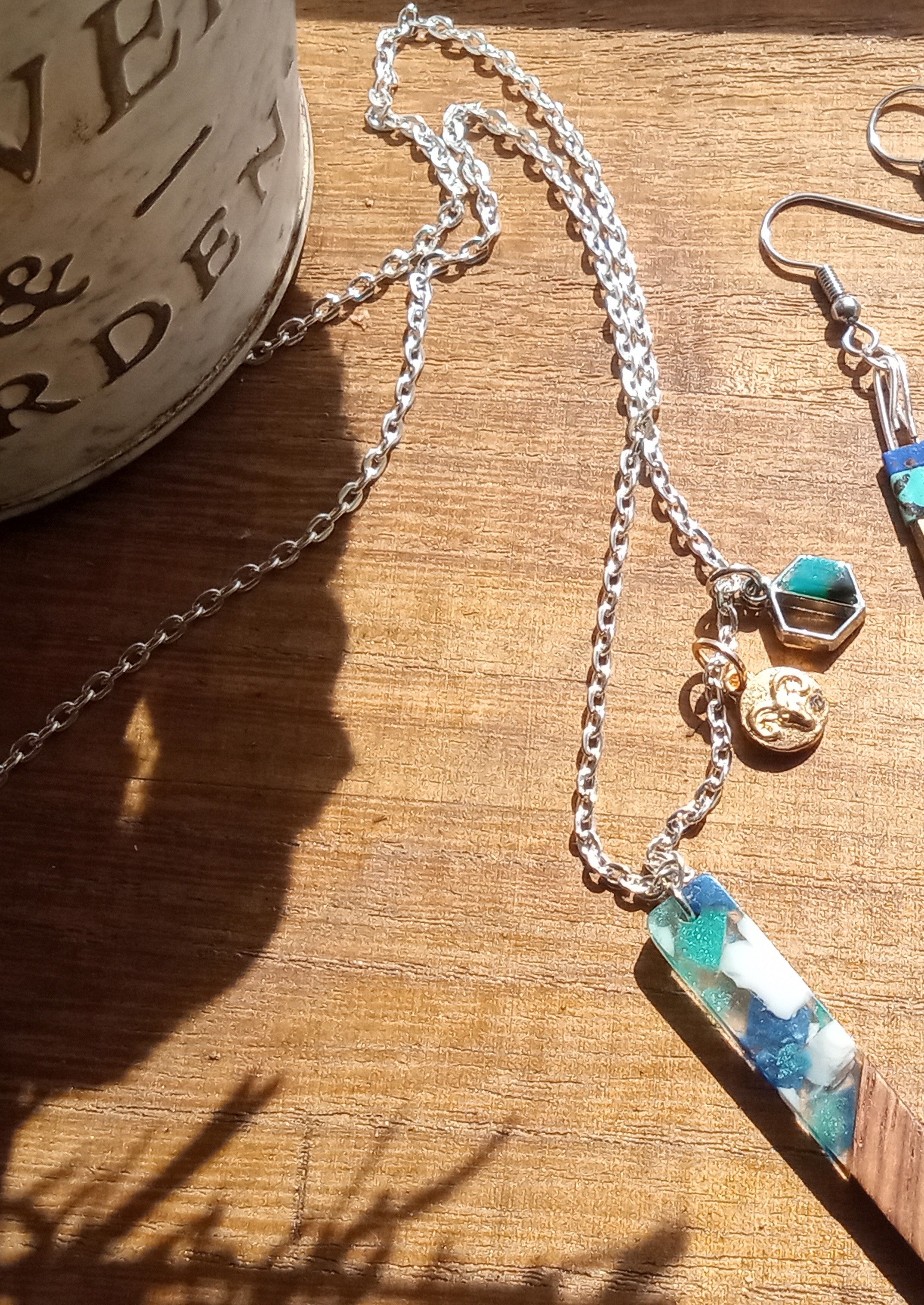 Resin & Walnut Pendant Charm Necklace 19"(blue/green/brown)