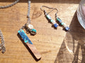 Resin & Walnut Pendant Charm Necklace 19"/Tila and Metallic Beaded Drop Earrings (green/blue)
