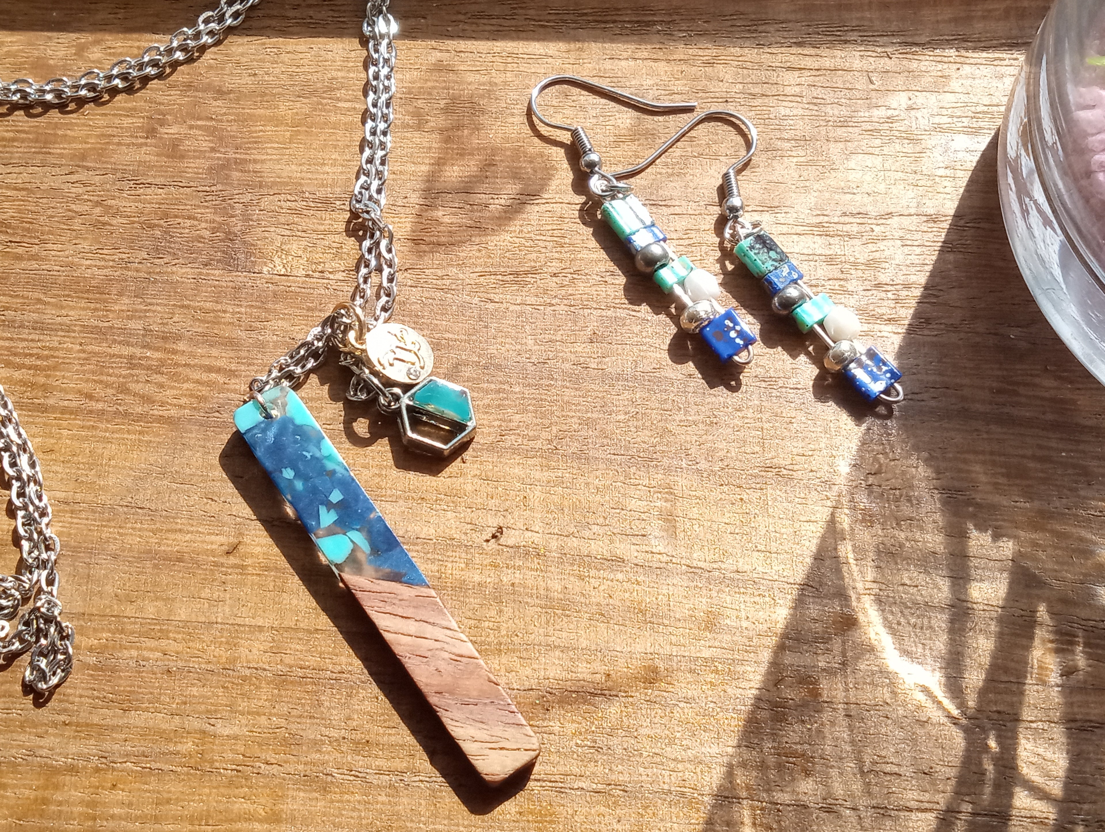 Resin & Walnut Pendant Charm Necklace 19"/Tila and Metallic Beaded Drop Earrings (green/blue)