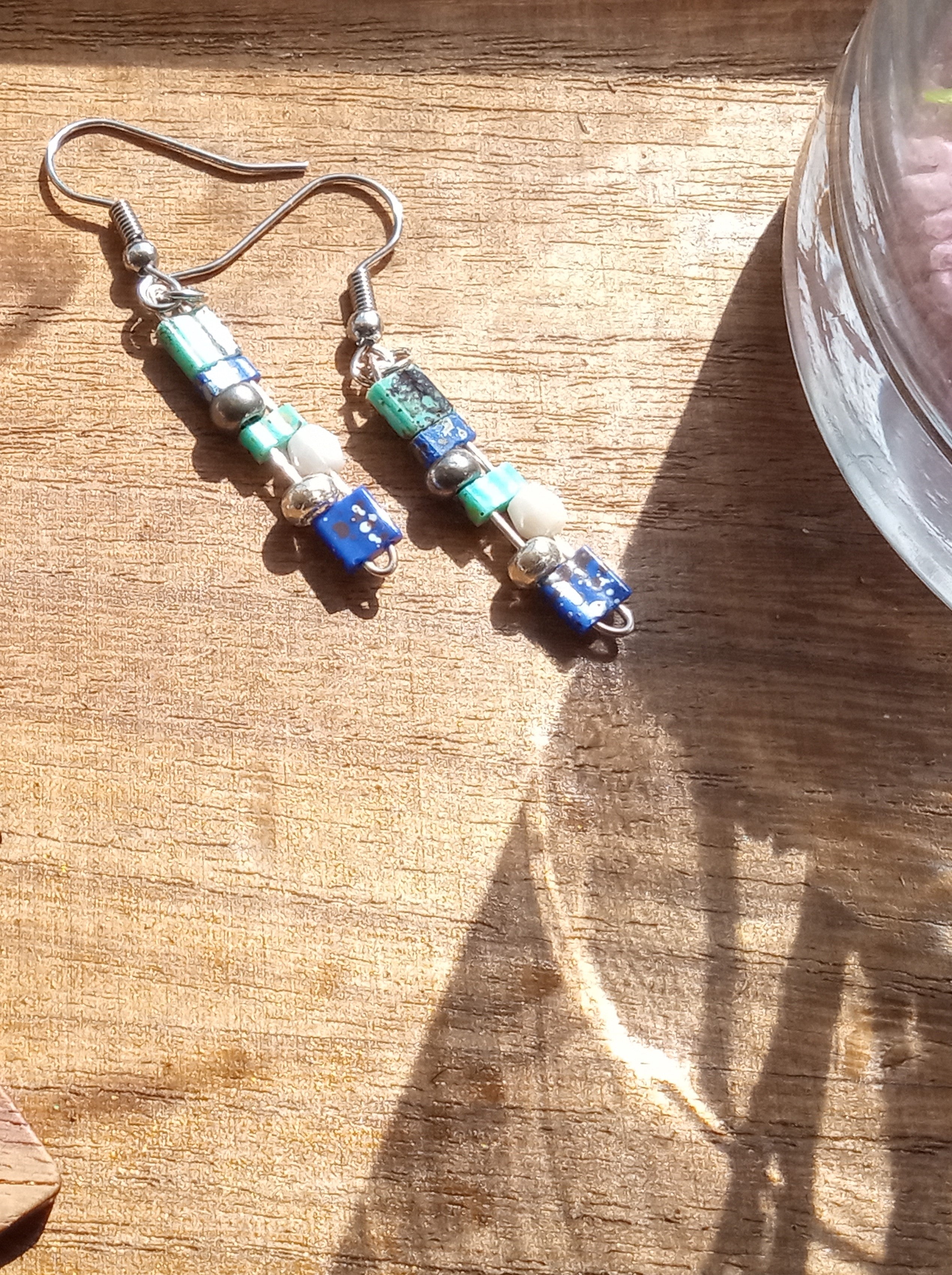 Tila and Metallic Beaded Drop Earrings (green/blue)