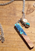 Resin & Walnut Pendant Charm Necklace 19"(green/blue)