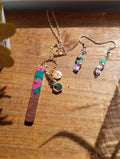 Resin & Walnut Pendant Charm Necklace 19"/Tila and Metallic Beaded Drop Earrings (pink/green)