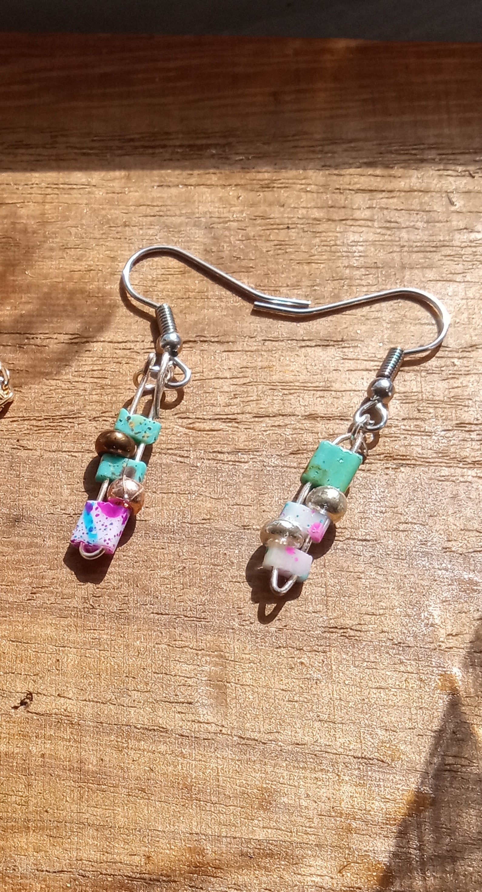 Tila and Metallic Beaded Drop Earrings (pink/green)