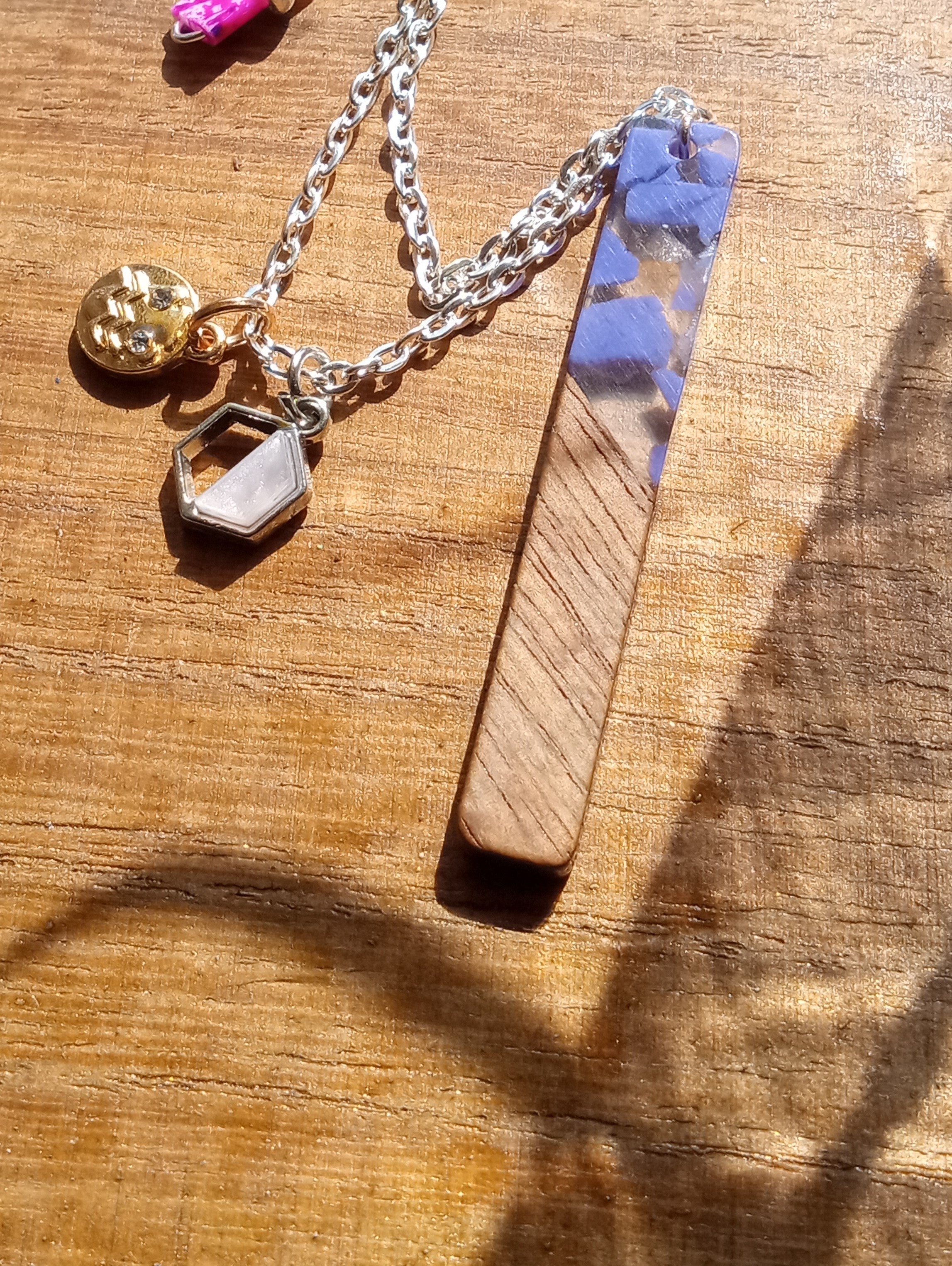Resin & Walnut Pendant Charm Necklace 19"(purple)