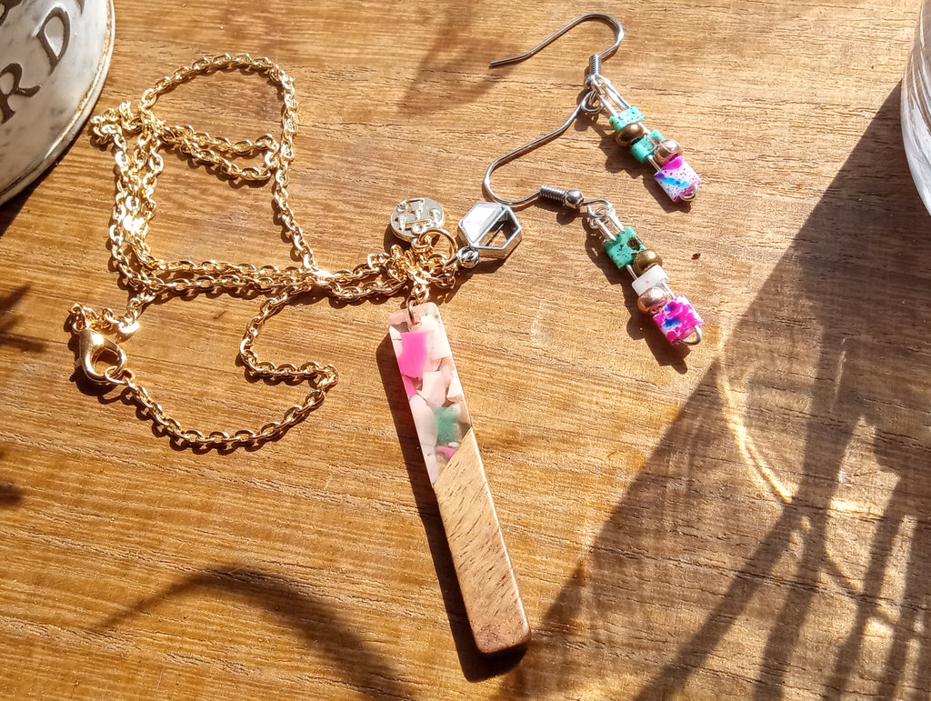 Resin & Walnut Pendant Charm Necklace 19"/Tila and Metallic Beaded Drop Earrings (pink/white/green)