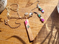 Resin & Walnut Pendant Charm Necklace 19"/Tila and Metallic Beaded Drop Earrings (pink/white/green)