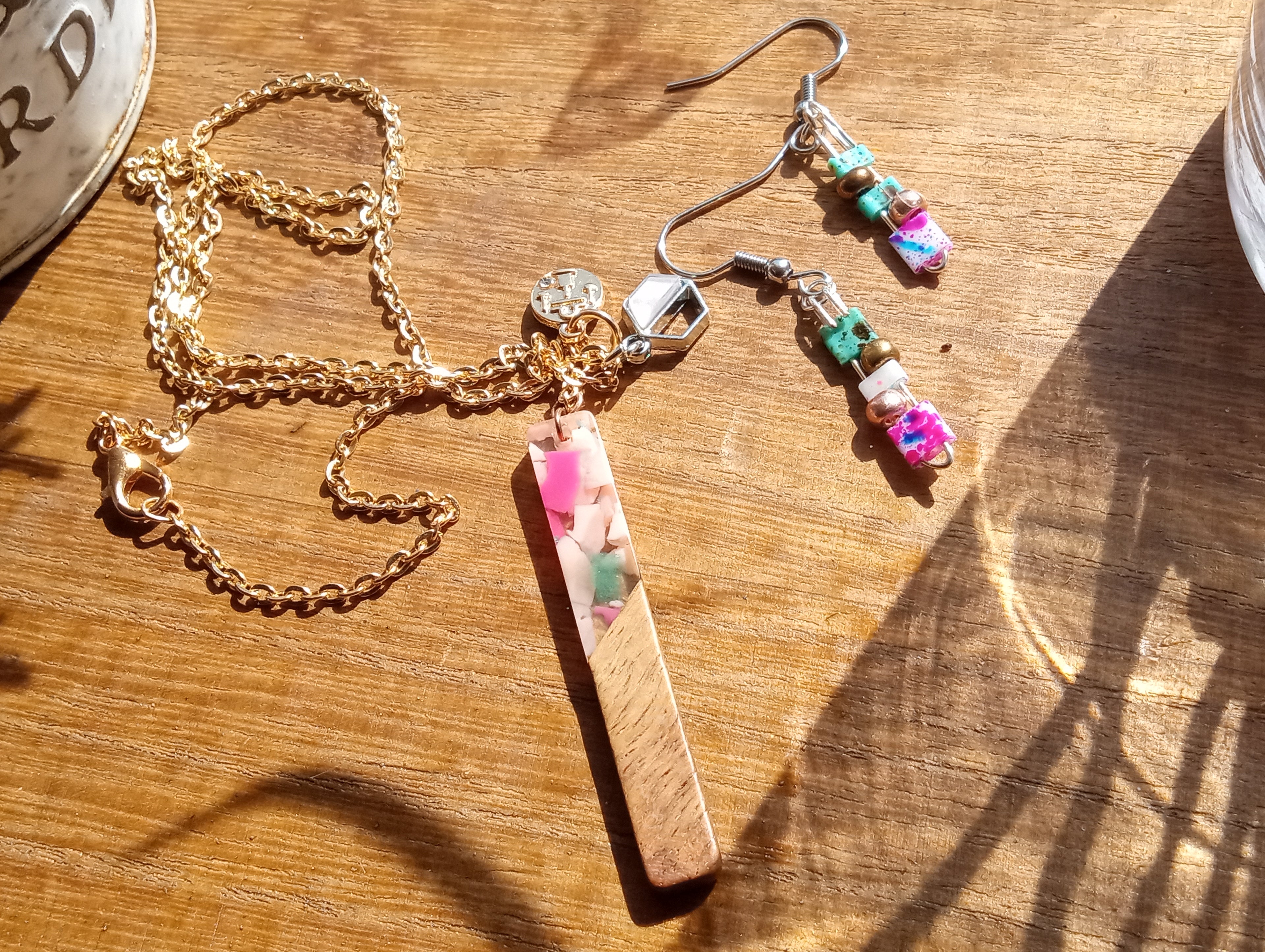 Resin & Walnut Pendant Charm Necklace 19"/Tila and Metallic Beaded Drop Earrings (pink/white/green)